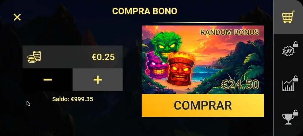 Ventana Compra Bono de 3 Spirit Volcanoes con Random Bonus a 24,50 € con apuesta de 0,25 €