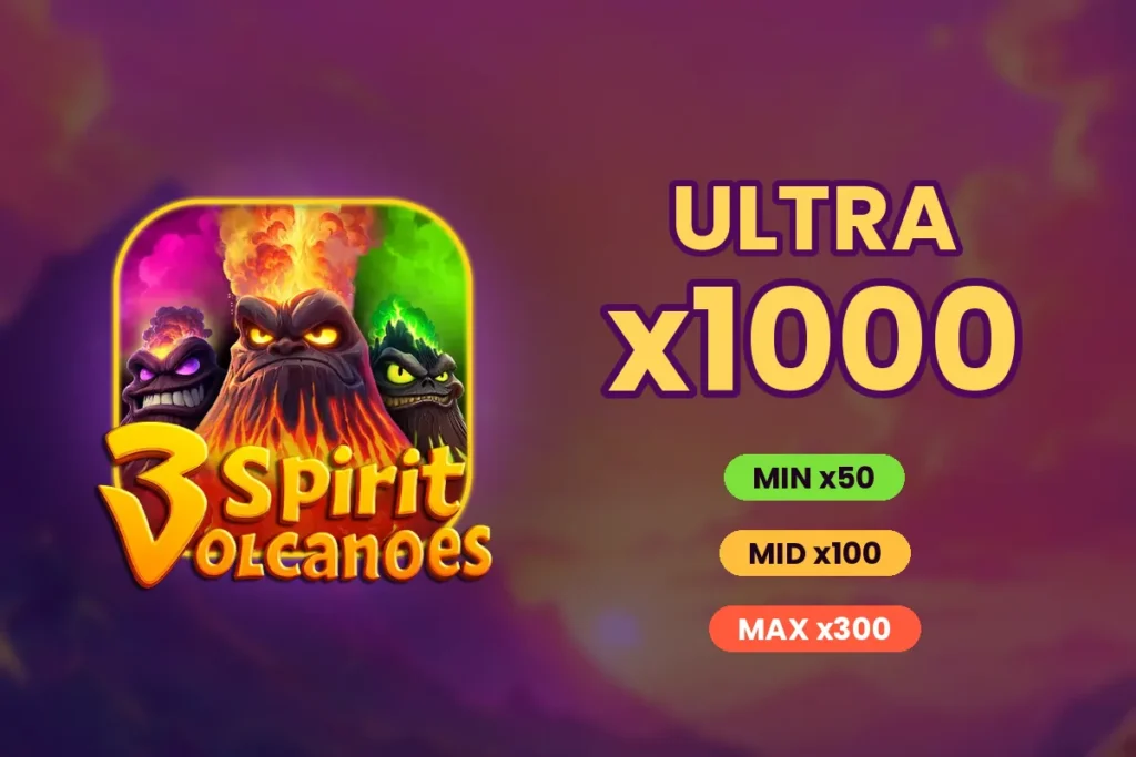 Ultra Jackpot x1000 y jackpots Min, Mid y Max de 3 Spirit Volcanoes