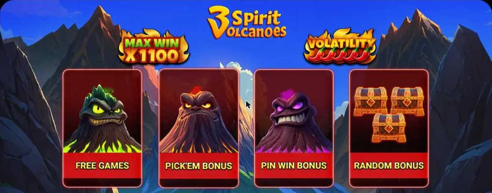 Pantalla de inicio de la demo de 3 Spirit Volcanoes con los cuatro bonos