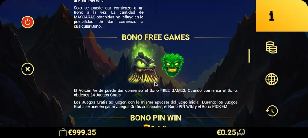 Reglas del bono Free Games del volcán verde en 3 Spirit Volcanoes