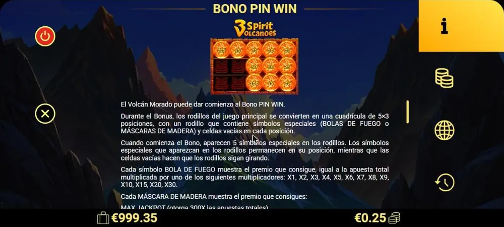 Cuadrícula de 15 posiciones del bono Pin Win de 3 Spirit Volcanoes