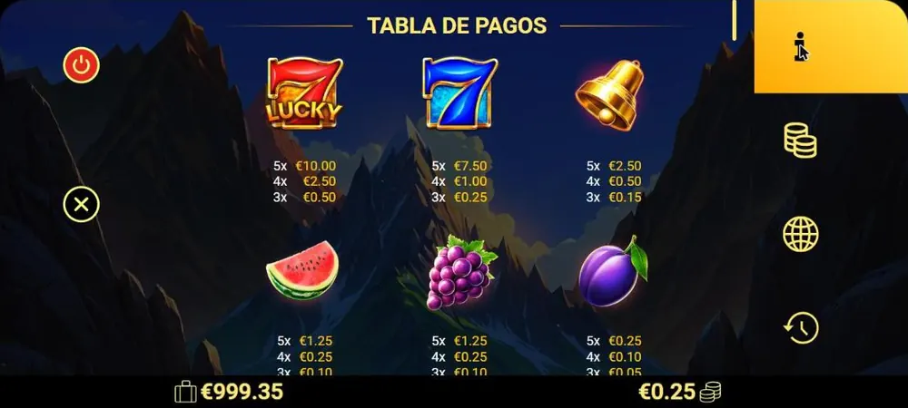 Tabla de pagos de 3 Spirit Volcanoes con Lucky 7, siete azul y campana